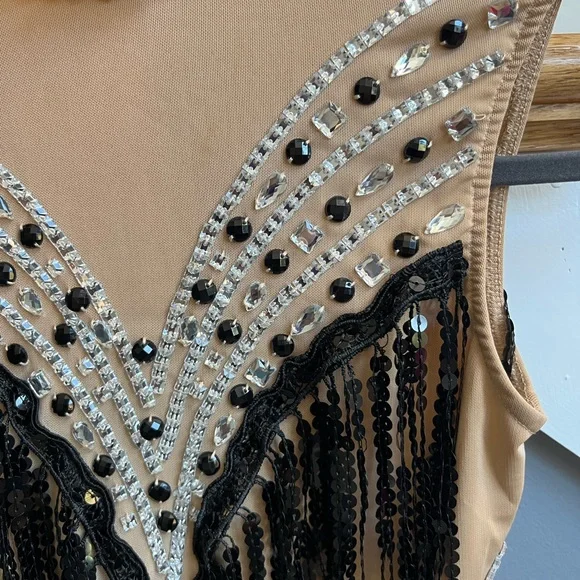Glamour, Beaded & Jeweled Tan & Black Dance Costume w/ Built-in Leotard, Adult S - Picture 5 of 6
